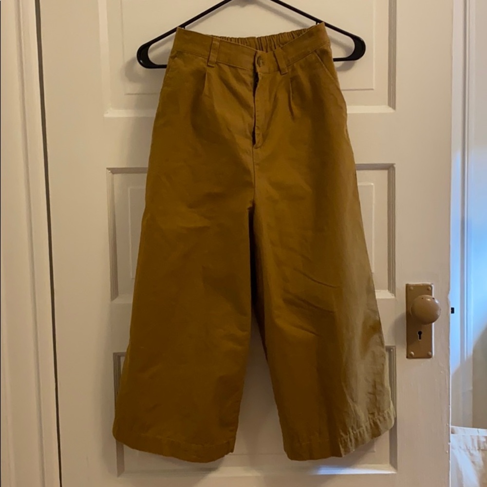 Ochre yellow linen cotton wide cropped pants
